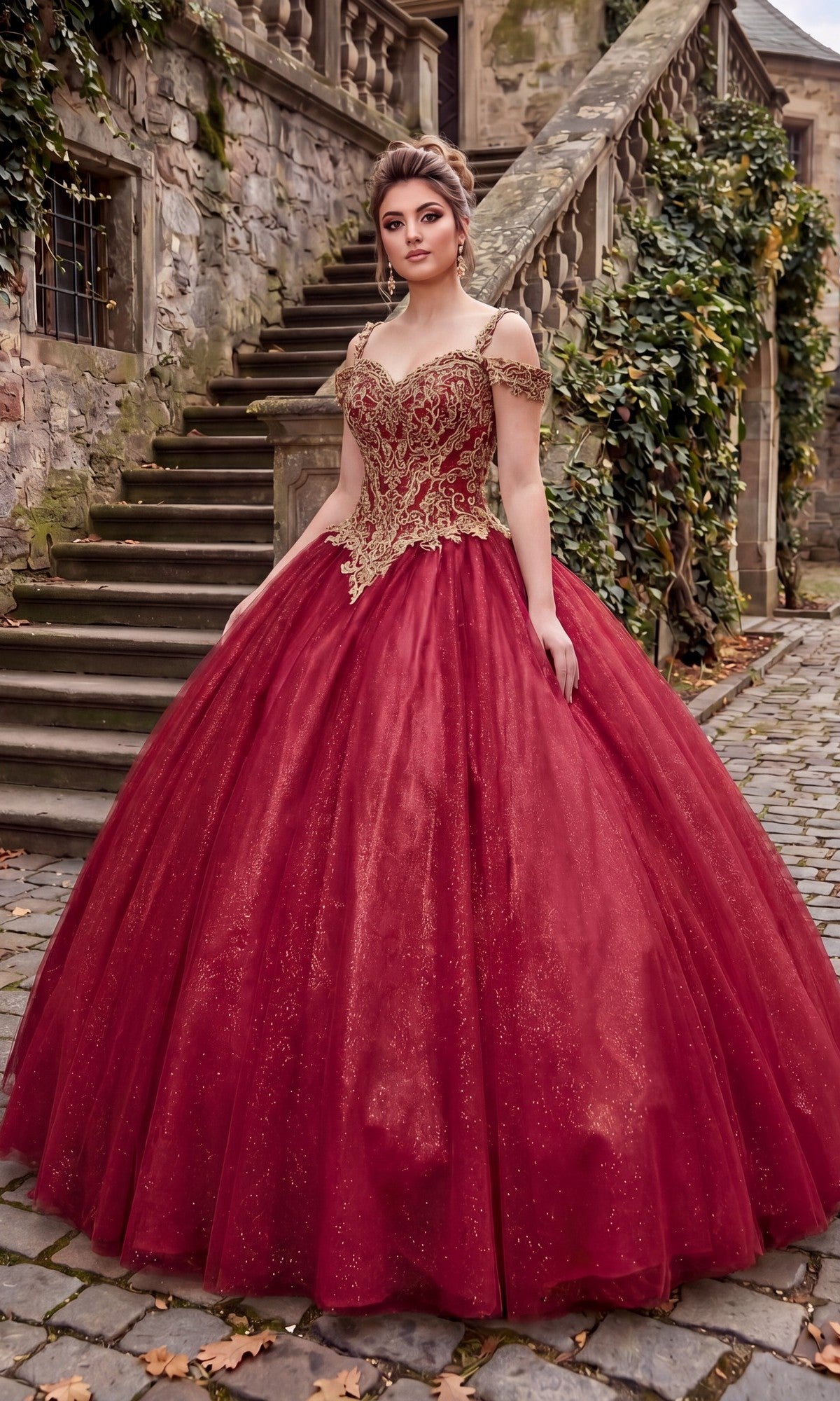 A person stands outdoors on a cobblestone path, wearing the Quinceanera Dress: Chicas C1535 in burgundy, featuring an ornate, embellished bodice with gold detailing, in front of old stone steps and ivy-covered walls.